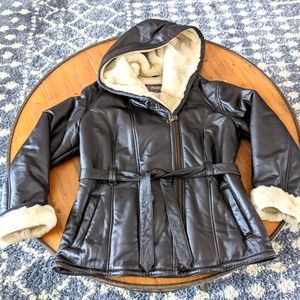 Wilson’s Leather Fur Lined Hooded Belted Jacket Womans Size Large